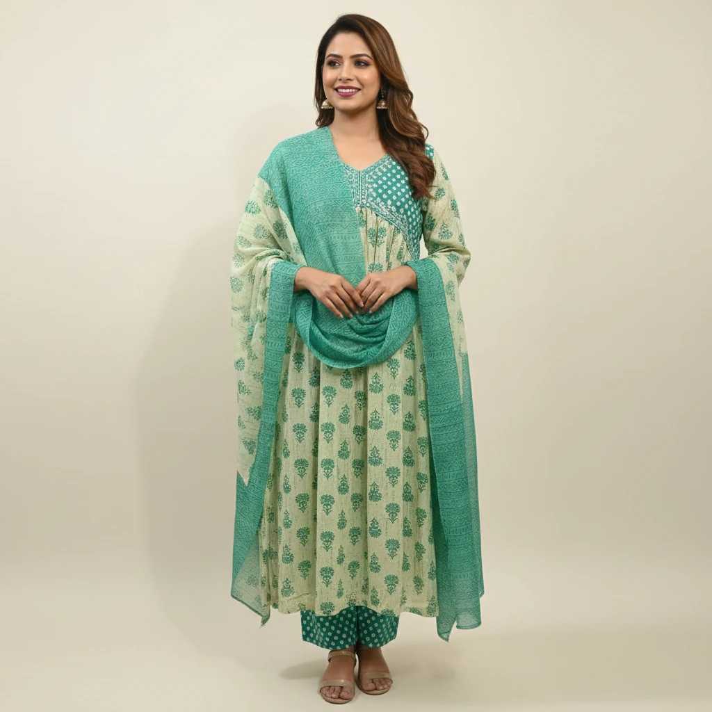 emerald-green-cotton-printed-kurta-set-dupatta